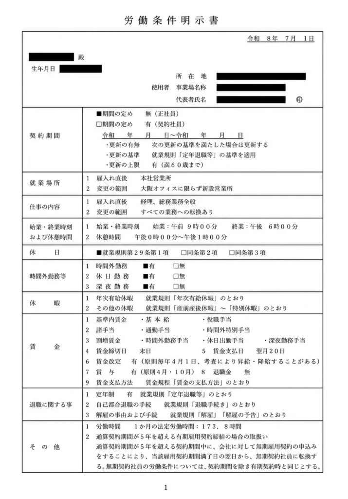 労働条件通知書1枚目