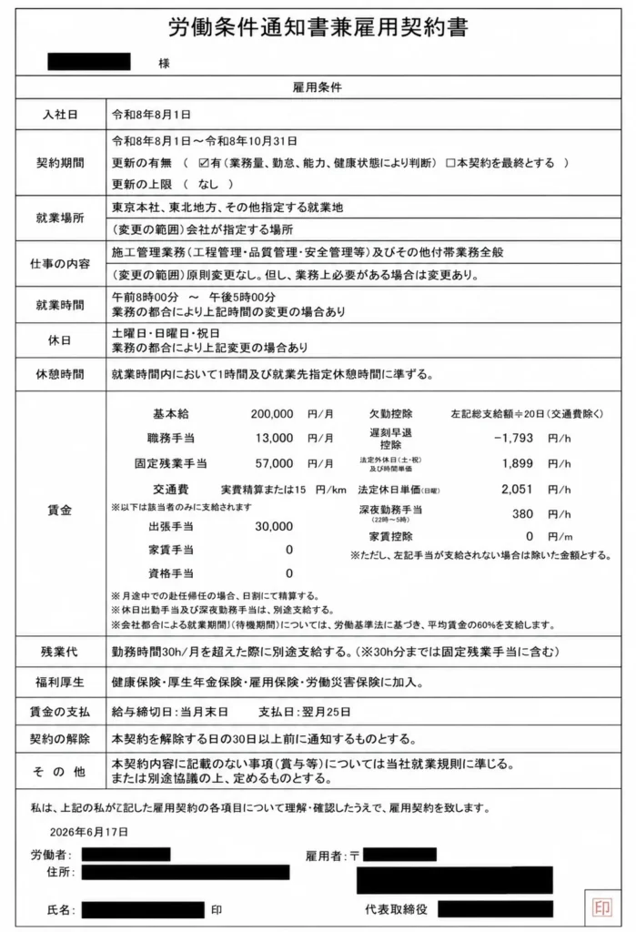 施工管理職の労働条件通知書兼雇用契約書