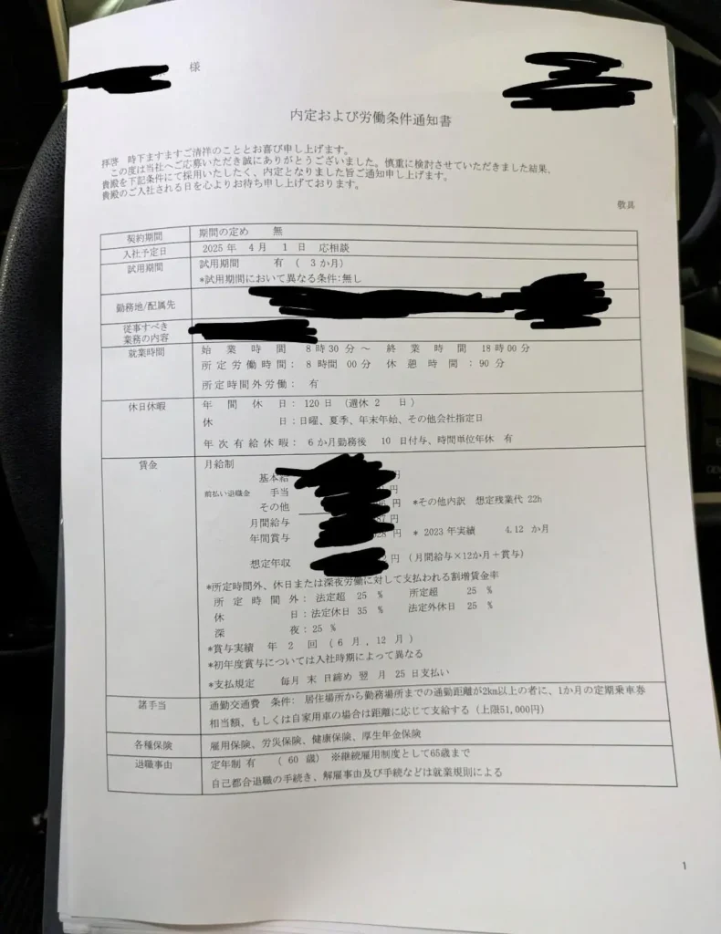 内定および労働条件通知書
