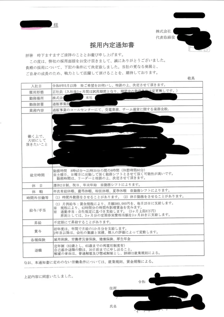 採用内定通知書