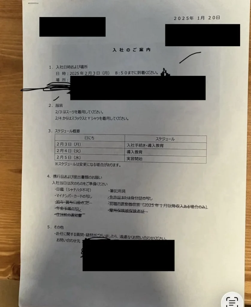 入社案内の書類。入社日時・場所、服装規定、スケジュール概要など
