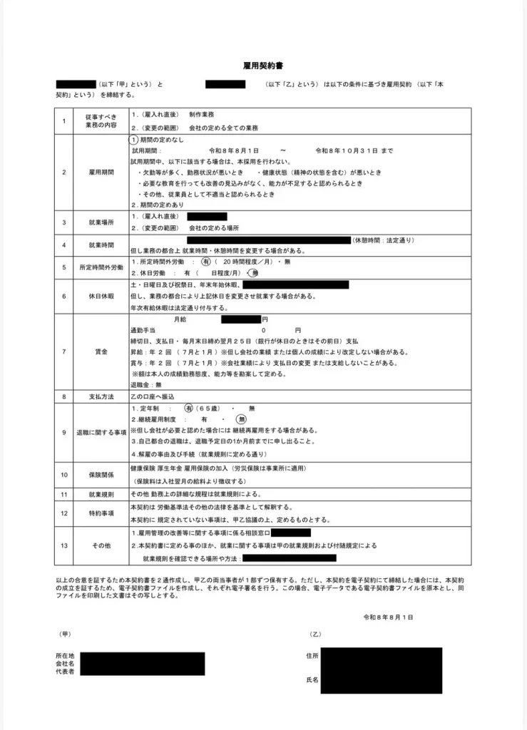 雇用契約書。業務内容・雇用期間・月給などの労働条件